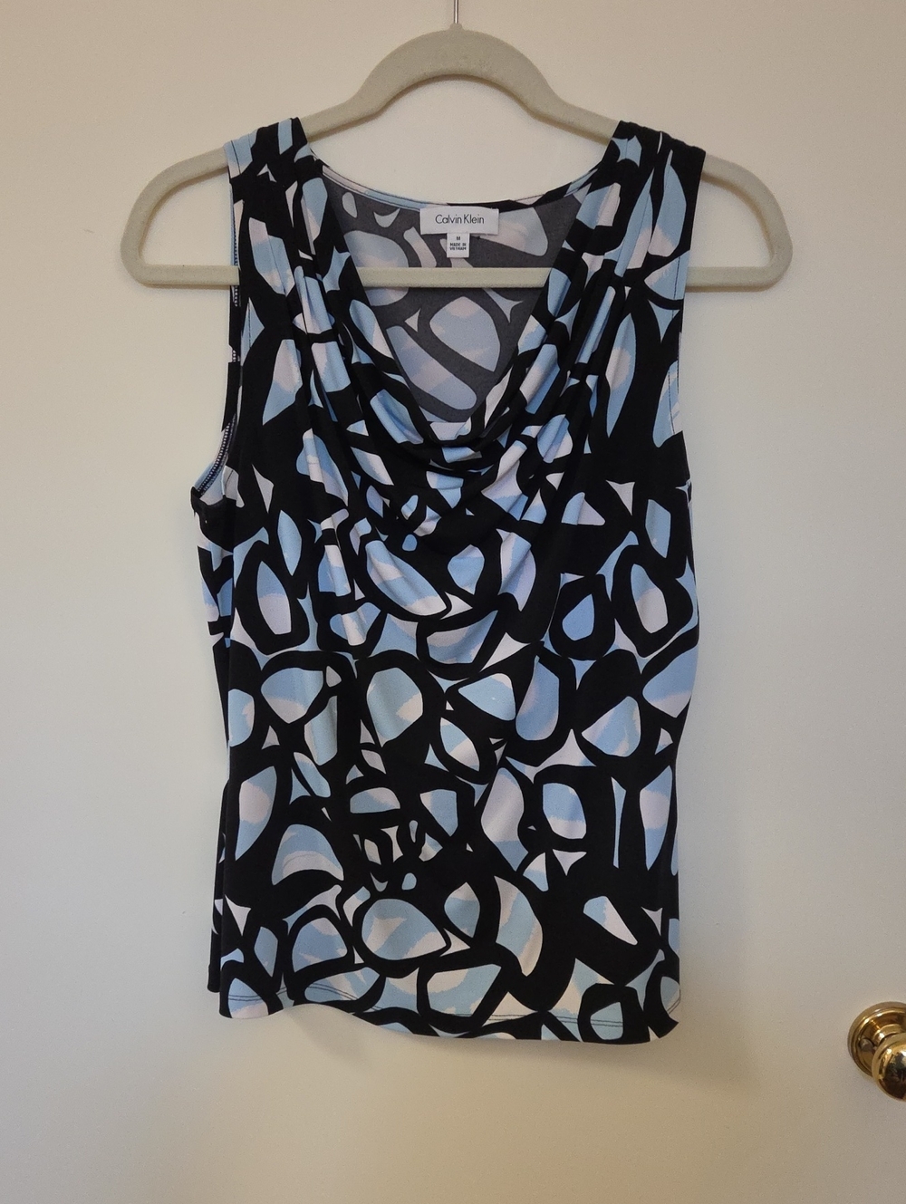 Calvin Klein Black Sleeveless Cowl Neck Tank with Pale Blue Abstract Motif